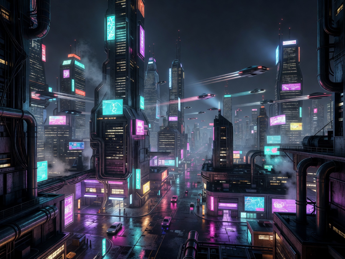 Cyberpunk futuristic city lights neon landscape night shot