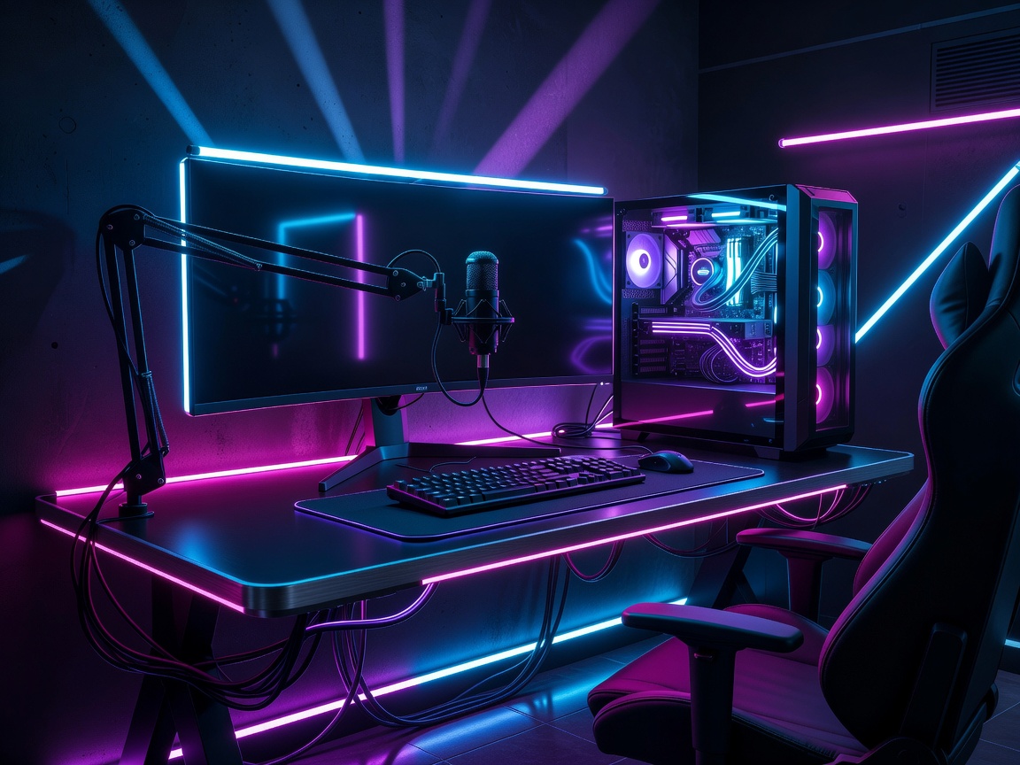 Cyberpunk neon lighting setup for gaming streamer desk
