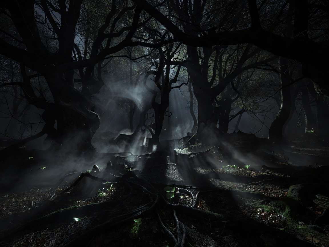 Dark eerie forest landscape with mysterious lighting and horror atmosphere