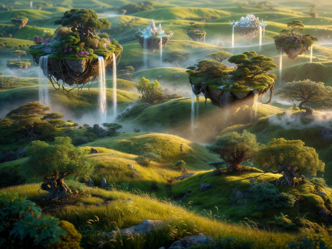 Open world lush green landscape with flying islands fantasy concept